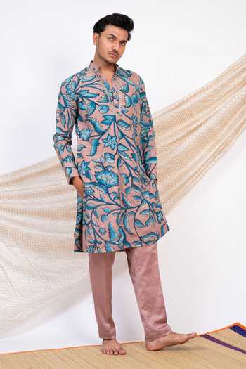 Grey Kalamkari Mens Jacket Kurta and Pant Set main image 0