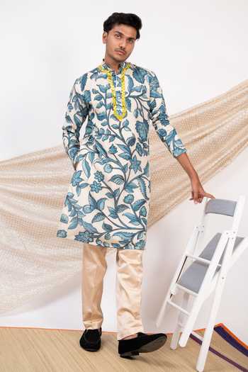 Grey Kalamkari Mens Jacket Kurta and Pant Set main image 1