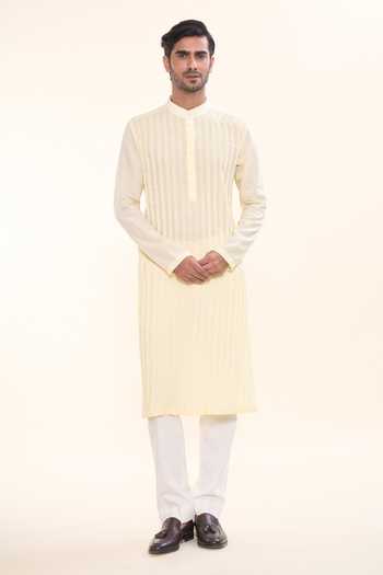 Yellow - Plain Cotton Pintuck Long Straight Kurta 09