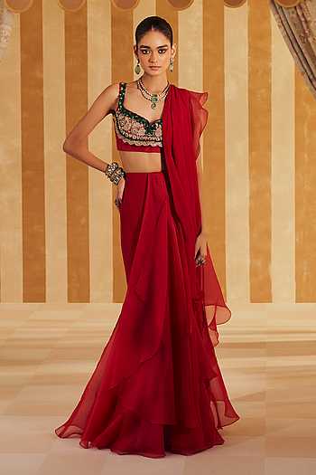 Chashm Pre Draped Ruffled Saree With Embroidered Blouse