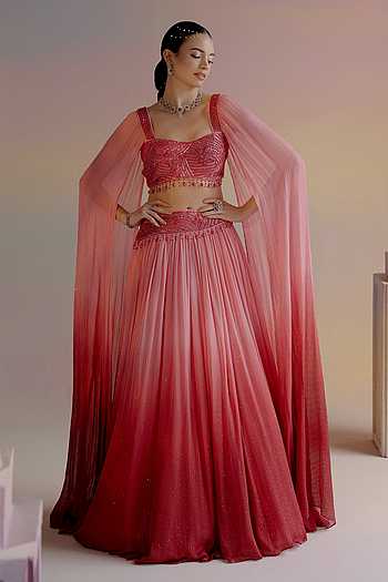Designer Kairah Lehenga Set in Red Silk with Handcrafted Belt & One-Shoulder Draped Blouse