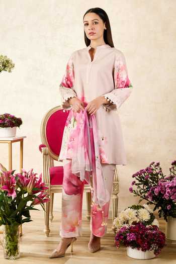 Ribbed Collar Beige Cowl Tunic Set with Pants