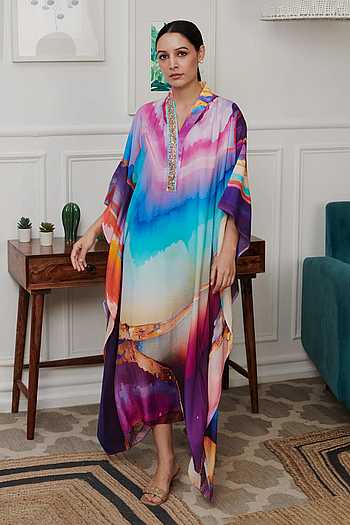 White Geometric 3/4 Sleeve Abstract Collared New Kaftan