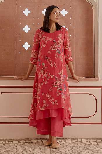 Women'S Peach Muslin Kurta And Cotton Pant Set