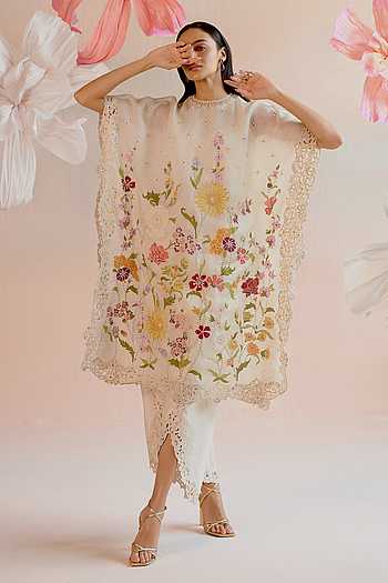IVORY SILK ORGANZA FLORAL APPLIQUE, BEADWORK AND CUTWORK KAFTAN