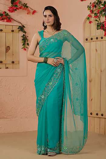 Green Solid Chiffon Saree With Unstitched Blouse Piece