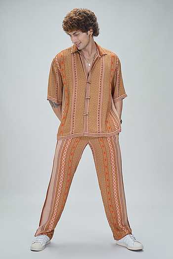 Buy Orange Georgette Prism Bloom Print Shirt With Pant For Men by