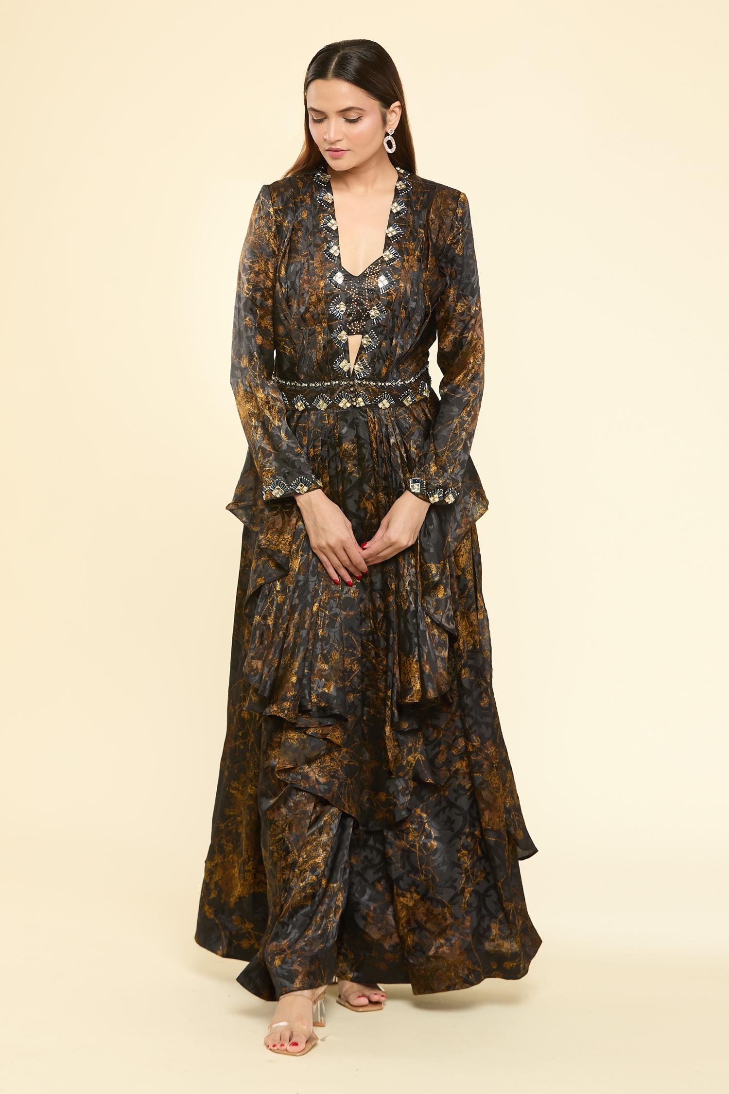 Floral Veil Print Sharara Set With Jacket 