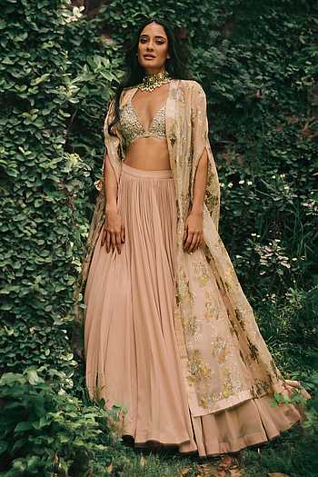 Lisa Gathered Lehenga Set With Embroidered Cape