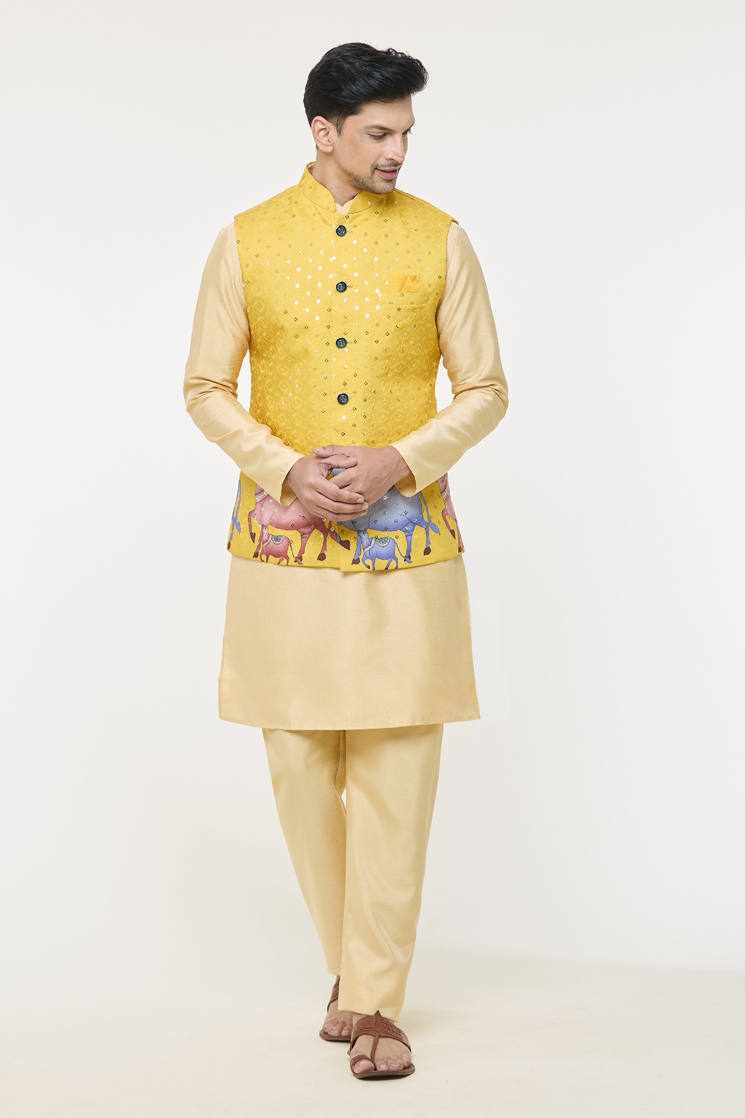 Buy Yellow Kurta And Churidar Silk Printed Cow Threadwork Bundi Set For