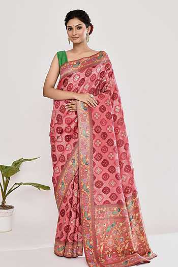 Maroon Embellished Silk Blend Saree With Unstitched Blouse Piece