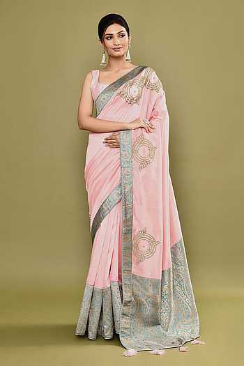 Pink Solid Silk Blend Saree With Unstitched Blouse Piece