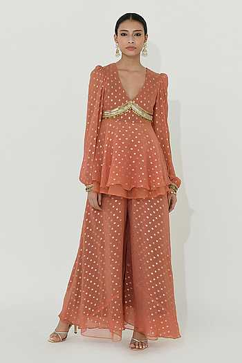Girls Beige & Black Floral Lace Peplum Top With Sharara Pants