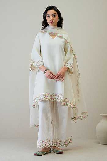 Brush painted shimmer tissue kurta pant set for women, asymmetric kurta with detailing work, sizes 38 to 44