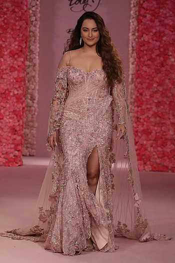 Rose Floral Crystal Embellished Draped Gown