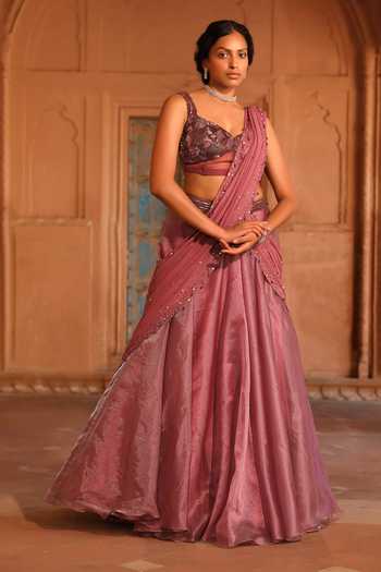 Scalloped Scarf Tier Lehenga With Draped Bustier And Floret Cutwork Cape