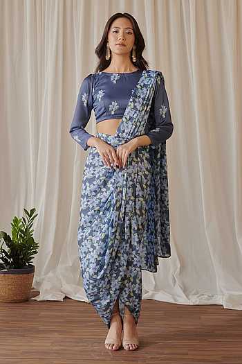 Midnight Iris Print Pre-Draped Dhoti Saree With Blouse