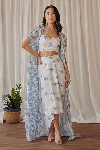 Morning Glory Print Cape Draped Skirt Set