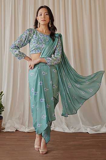 Gardenia Print Pre-Draped Dhoti Saree With Blouse