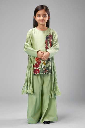 Buy Green Chanderi Printed Flower Kurta Set For Girls by Bal Bachche By ...