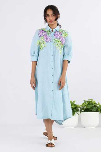 Buy Blue Linen Embroidery Collared Floral Applique Work Shirt Dress For  Women by Studio Moda India Online at Aza Fashions