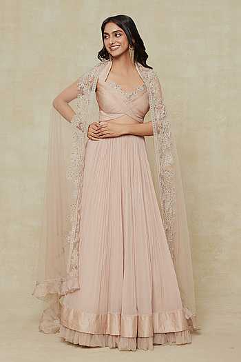 Floral Bloom Printed Top & Pleated Lehenga Set for Girls