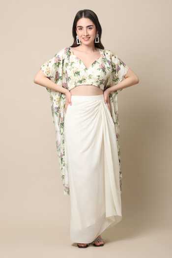 Gold Heavily Embroidered Cape with Rust Draped Dhoti Skirt main image 0
