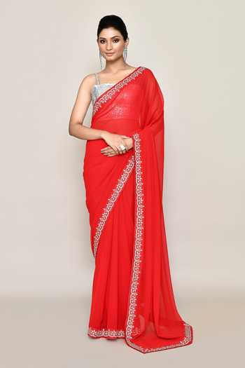 Red Woven Design Pure Georgette Saree With Unstitched Blouse Piece