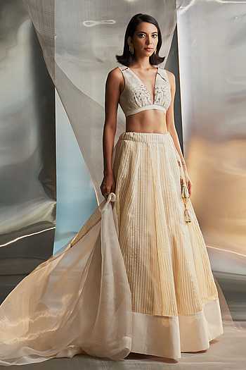 Navy Blue & Gold-Toned Woven Design Chanderi Ready to Wear Lehenga with Blouse