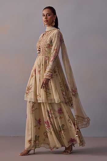 Ayesha Floral Blossom Print Anarkali Sharara Set