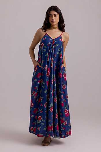 Buy Blue Cotton Silk Anar V-neck Pattern Dress For Women by Label ...