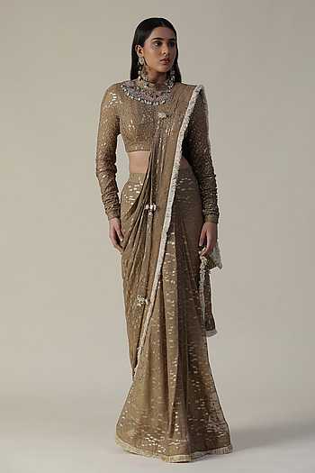 Buy Brown Georgette Woven Zari Band Collar Pre-draped Saree With Blouse ...
