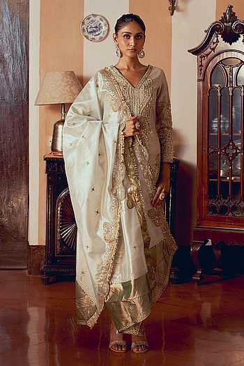 Gold Kurta Art Embroidered Banarasi Silk Aligadhi Pant main image 0