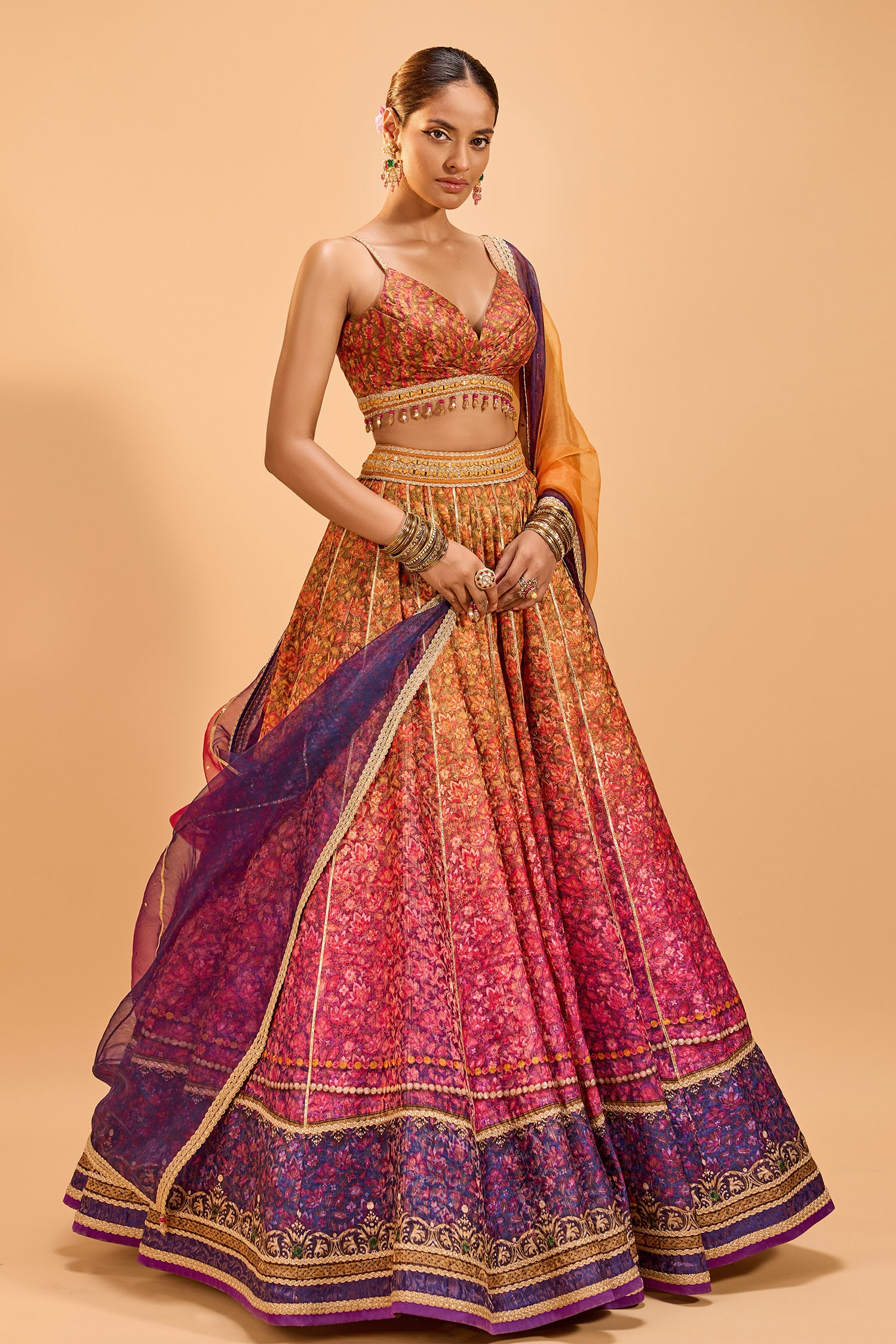 Buy Yellow Brocade Embroidered Lace V Neck Ombre Lehenga Set For Women
