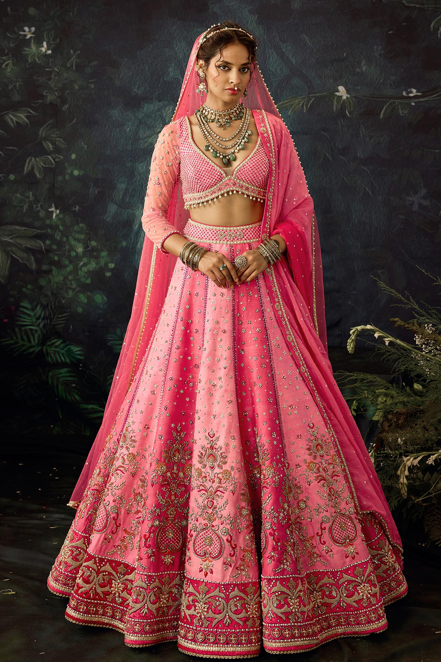 Buy Pink Raw Silk Embroidered Sequin Leaf Floral Panelled Bridal