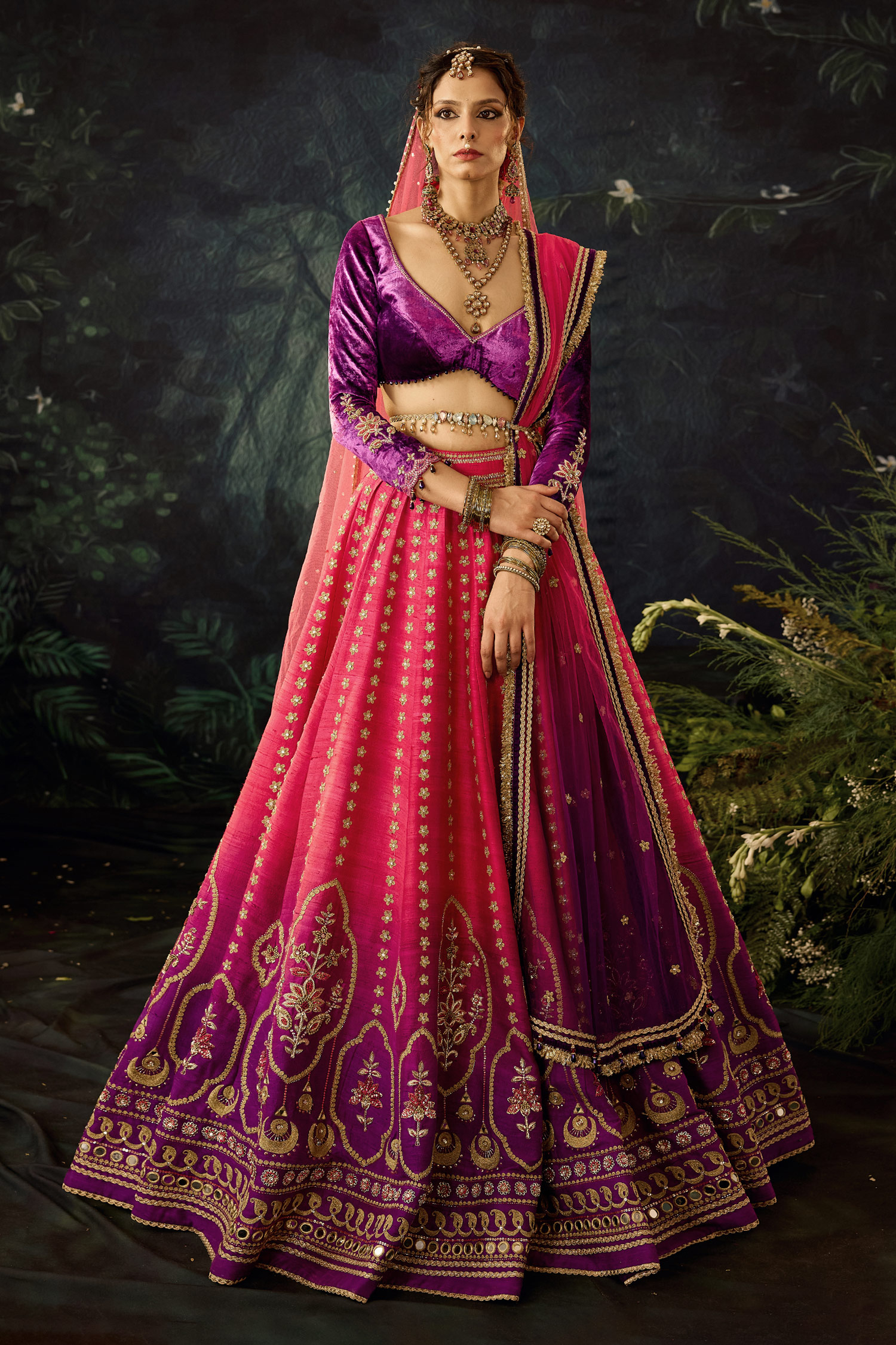 Buy Pink Raw Silk Embroidered Floral Leaf Shaded Lehenga Set For Women
