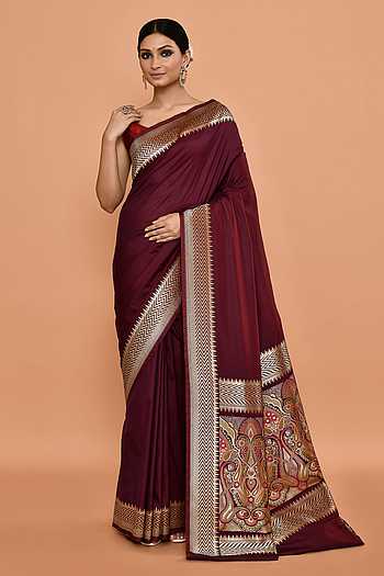 Burgundy Solid Satin Saree With Unstitched Blouse Piece