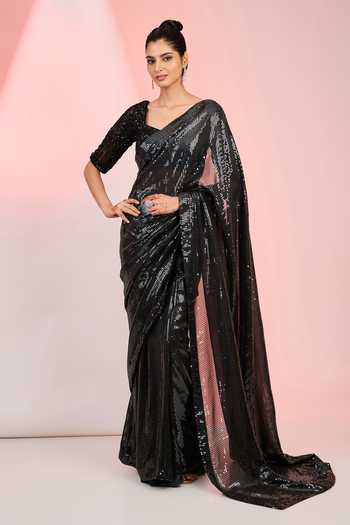 Black Floral drape saree with sequined blouse