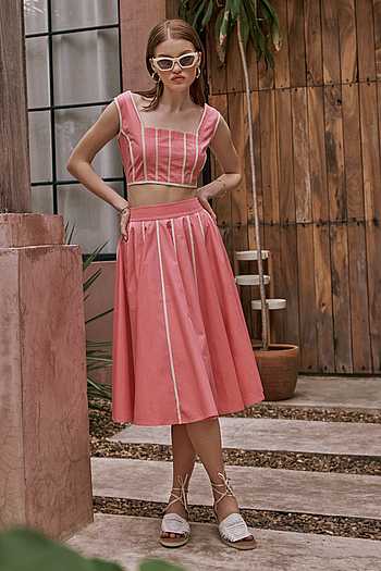 Buy Peach Cotton Piping Square Neck Carol Pipe Embellished Crop