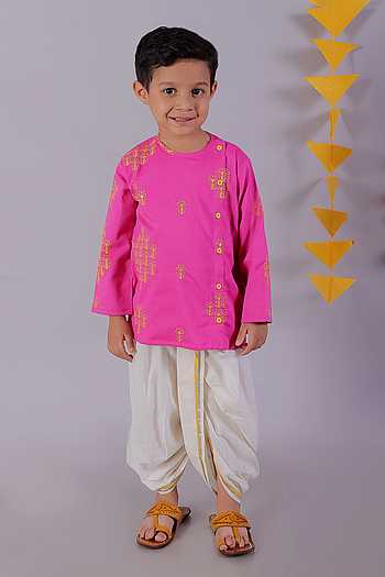 Utsav Vibes – Pink Bandhani Kurta Mustard Dhoti Set for Boys
