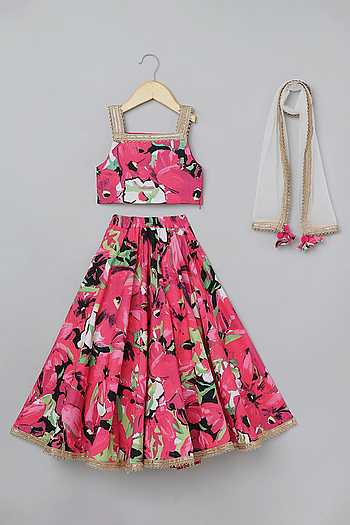 Girls Floral Pink Gota Detailing Lehenga Set