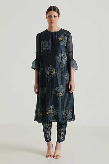 Peacock blue Silk chanderi tunic set and pant