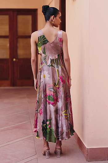 Buy Grey Silk Satin Embroidery V-neck Garden Print Cut-out Dress