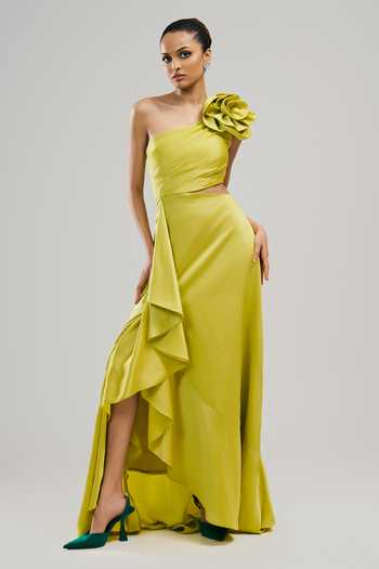 Buy Green Velvet, Satin Ruffles Asymmetric Elixir Rosette Applique Gown For  Women by Brinda Sneha Online at Aza Fashions.