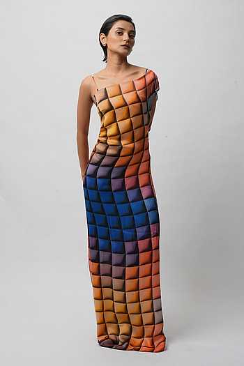 Buy Multi Color Satin Scoop Neck, Geometric Print Backless Dress