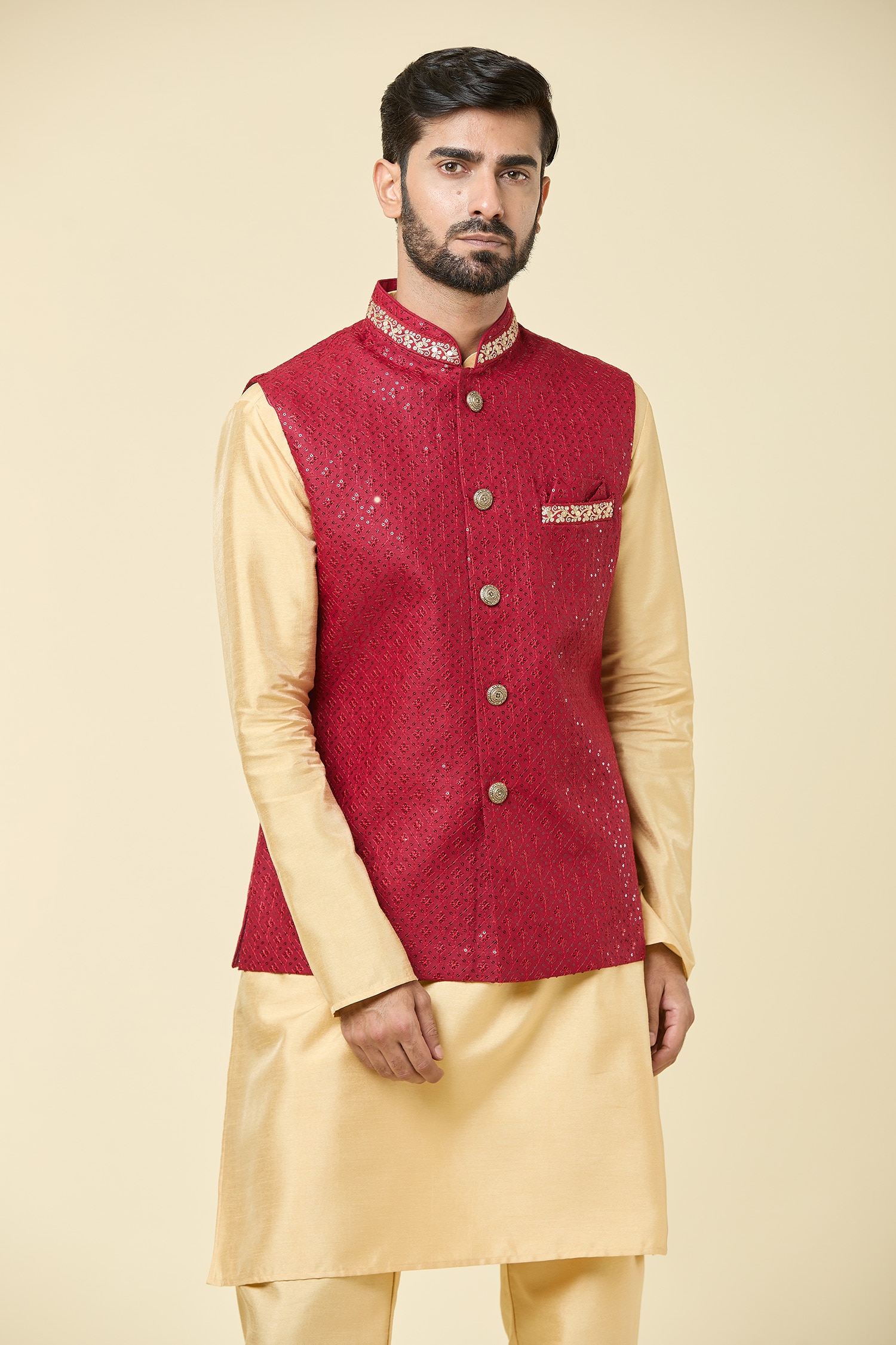 Red Sequin Embroidered Bundi 
