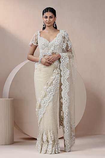 Pastel Net Zari & Resham Embroidery Saree With Scalloped Cutwork Border