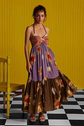 Uhr Heart Mom Dress 25SS★ワンピース apolina Buy Purple Viscose, Georgette Halter Neck Heart Print Maxi Dress