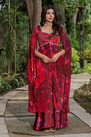 Watercolour Floral Print Flared Kurta With Pant