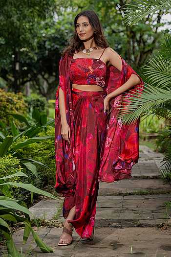 Watercolour Floral Print Cape With Draped Skirt Set